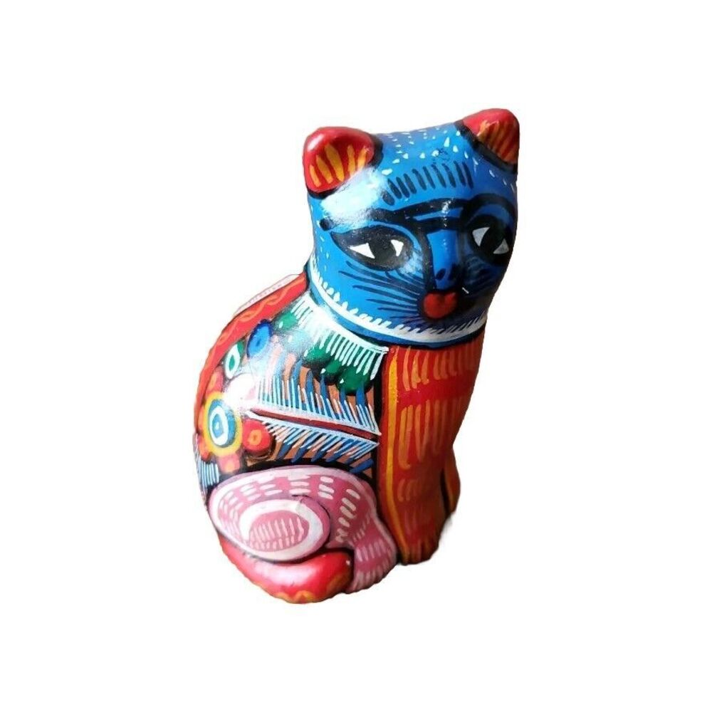Mexican Folk Art Hand Painted Talavera Pottery Multicolor Sitting Cat Figurine